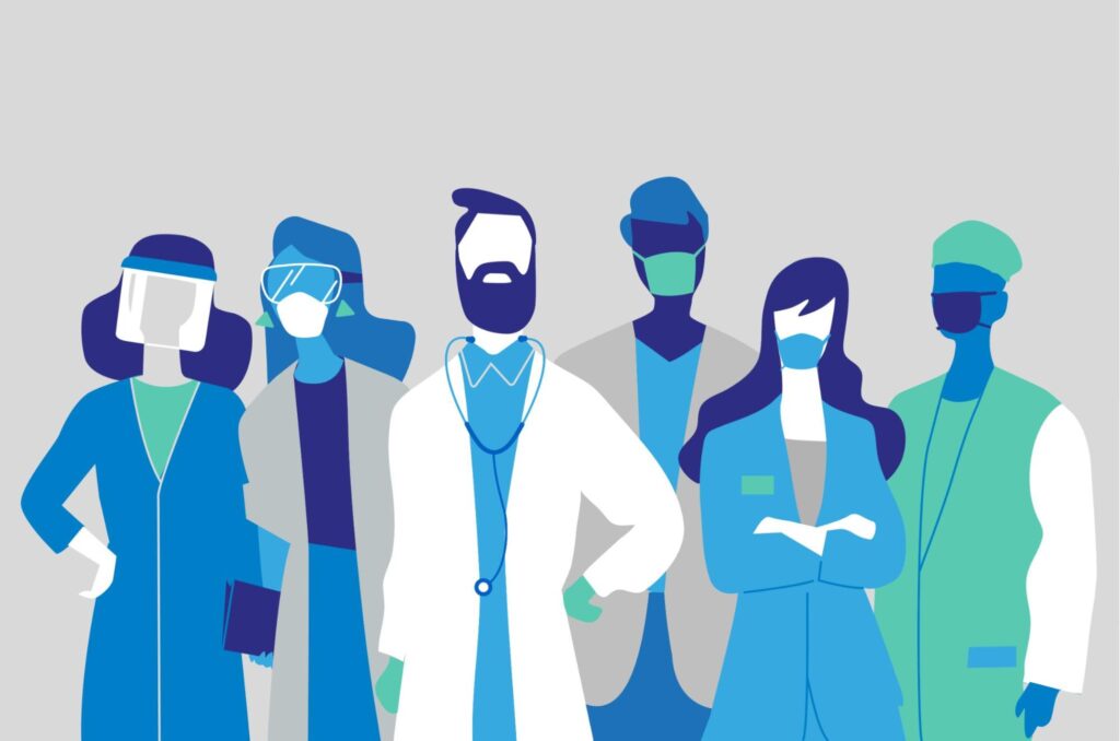 Uma imagem animada com diversos profissionais da saúde ilustrados.