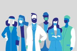 Uma imagem animada com diversos profissionais da saúde ilustrados.