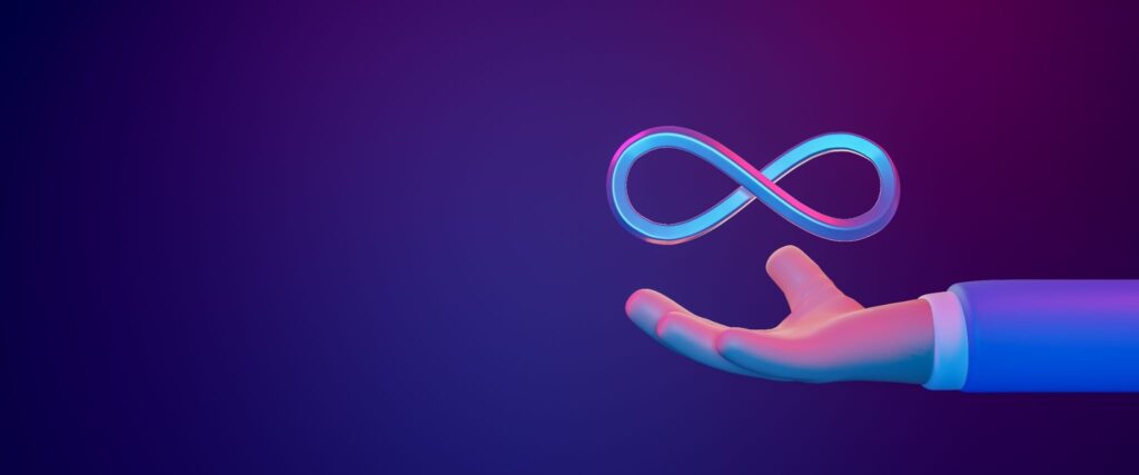 Uma imagem com um braço esticado e o simbolo do infinito em cima da mão.