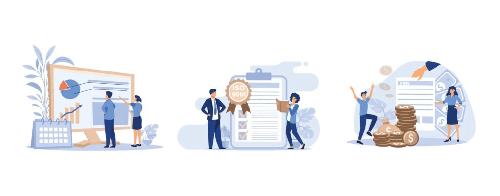 Vários vetores de animação com elementos de gráficos, trabalho em equipe e dinheiro.