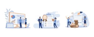 Vários vetores de animação com elementos de gráficos, trabalho em equipe e dinheiro.
