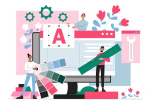 Uma ilustração com vários elementos gráficos que remetem a computadores e configurações.